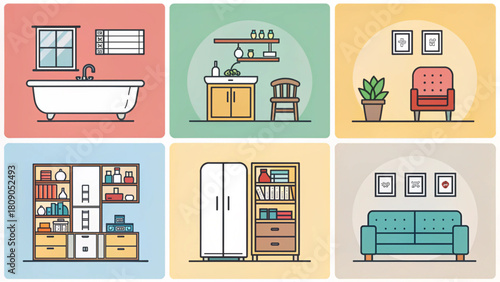 Charming interior design elements showcasing bathroom fixtures, living room furniture, and storage solutions for a modern home, enhancing comfort and style