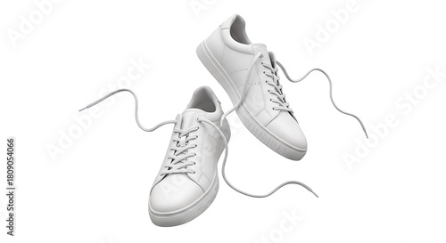 White Sneakers with Untied Laces Isolated on White Background