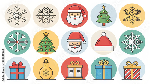 Festive holiday icons for Christmas cheer and winter celebrations, perfect for adding a touch of whimsy to your seasonal designs and spreading joy