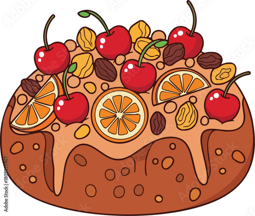 Illustration of a decorated cake with cherries, orange slices, and nuts on a white background in a flat lay composition.