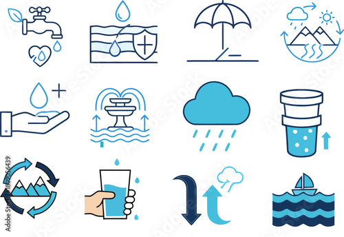 Water resources icon set. Containing drop, rain, tap,  glass of water, shower, drinking water and more. Solid vector icons collection of waster water treatment. 