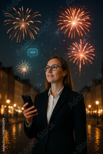 Businessfrau mit Smartphone in Silvesternacht bei Feuerwerk