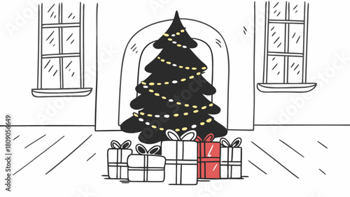 A christmas tree decorated with lights stands in a room with presents underneath, creating a festive and cozy atmosphere isolated on