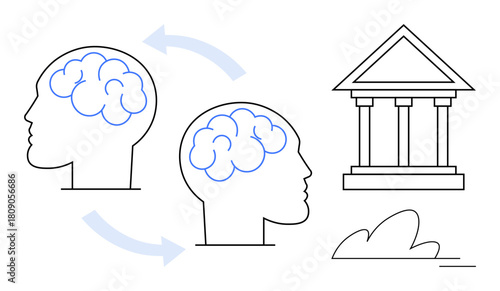 Two brain icons linked by arrows showing idea exchange, leading to a classical building symbolizing institutional knowledge. Ideal for collaboration, education, innovation, intellectual growth