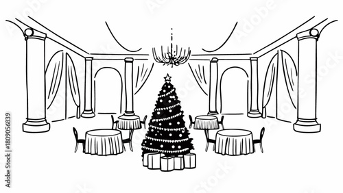 Elegant ballroom decorated for christmas with a tree, tables, and chairs isolated on perfect for holiday events and celebrations
