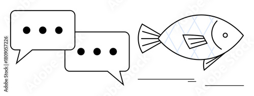 Two speech bubbles with ellipses and an outlined fish highlight communication, expression, creativity, and connection. Ideal for conversation, messaging, storytelling, collaboration, networking