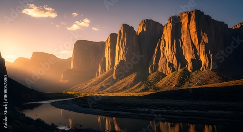 Sunlit cliffs reflected in a river at sunset with a cloudy sky in a mountainous landscape