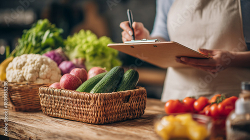 Person taking inventory of fresh produce in baskets on a wooden table with a clipboard and pen in hand