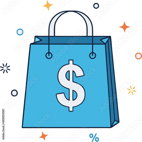 Vibrant blue shopping bag icon with a dollar sign, symbolizing contemporary retail, successful online sales, consumer purchases, and profitable business commerce