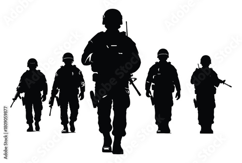 Silhouette of a military squad walking forward isolated on white background, depicting teamwork, strength, and determination in a unified force