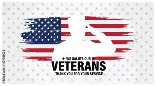 A patriotic tribute to veterans, featuring a silhouette saluting against a backdrop of the American flag, stars, and a heartfelt message of gratitude isolated on white background