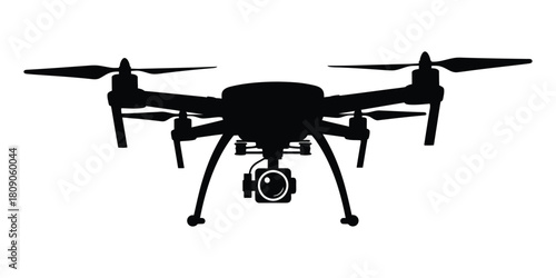 A sleek drone silhouette, capturing the essence of modern aerial technology and unmanned flight, showcasing its camera and propellers isolated on white background