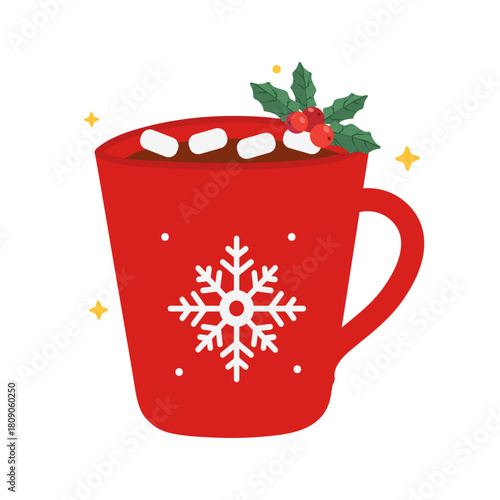Cozy Red Mug of Hot Chocolate with Marshmallows and Christmas Holly