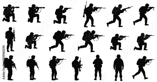A dynamic array of soldier silhouettes in various combat poses, embodying the strength, readiness, and tactical prowess of military forces isolated on white background