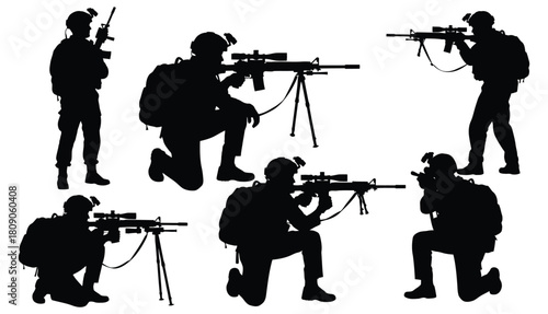 Silhouette of a group of soldiers in various shooting positions isolated on white background, showcasing military readiness and tactical expertise