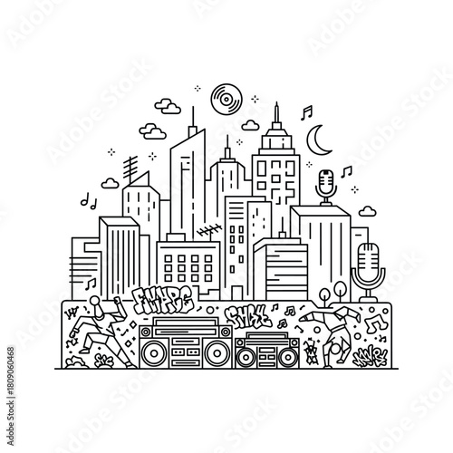 Urban hip hop city with boomboxes isolated on for music