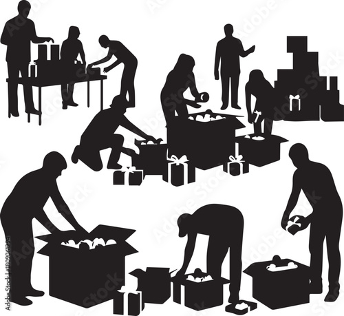 International volunteer day people silhouettes packing boxes charity donations community service helping hands