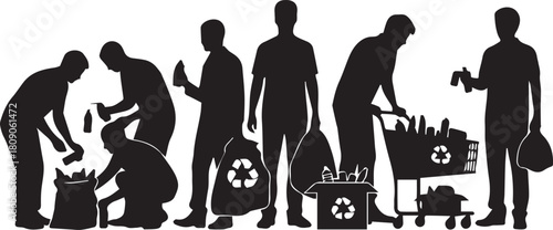 Diverse silhouettes of volunteers cleaning up litter for international volunteer day
