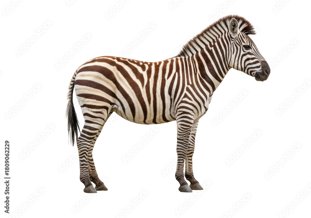 Fototapeta premium Isolated zebra standing and looking forward gracefully, in full view and in side profile
