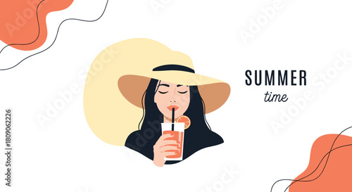 Stylish illustration of a beautiful woman in a large sun hat sipping a refreshing cocktail to celebrate the start of summer.