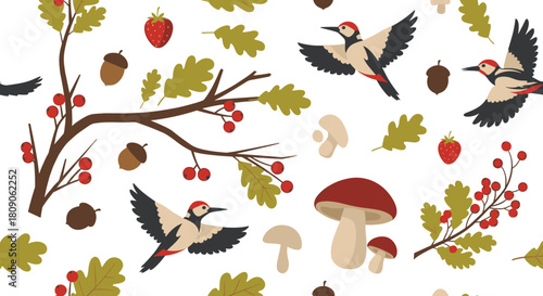 Seamless autumn forest pattern with woodpeckers flying among branches with berries acorns mushrooms and falling oak leaves.