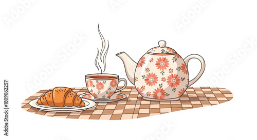 Cozy and charming illustration of a fresh croissant served with a steaming cup of tea from a floral teapot on a checkered cloth.