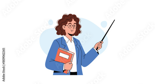 Friendly female teacher wearing glasses and a blazer holds a book and points with a stick during a school lesson or presentation.
