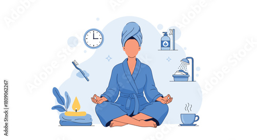 Woman in a bathrobe and towel meditates in a lotus pose as part of her morning routine with icons for self-care and wellness.