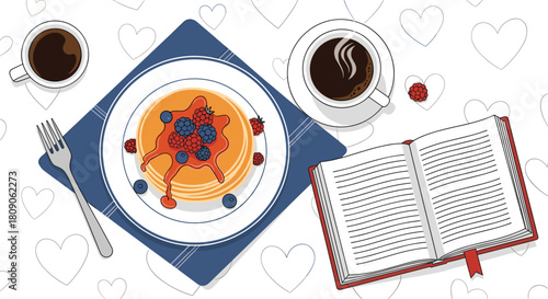 Top-down view of a cozy breakfast scene with pancakes and berries an open book and two cups of coffee on a heart pattern cloth.