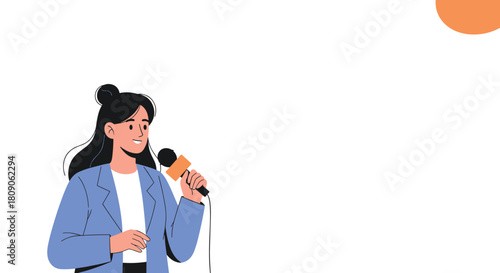 Female journalist or news reporter with a microphone speaks during an interview or broadcast on a clean modern background.