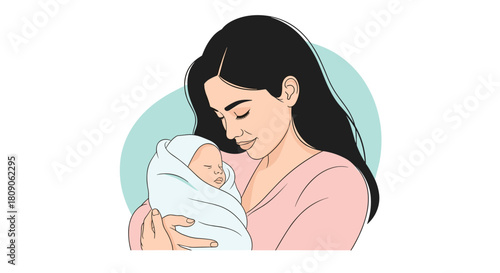 Beautiful illustration of a loving mother with dark hair tenderly cradling her sleeping newborn baby in a warm and gentle embrace.