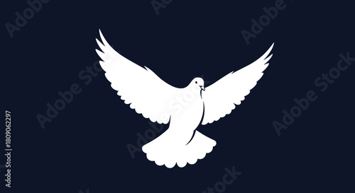 Elegant white silhouette of a flying dove with wings spread wide against a solid dark blue background symbolizing peace and hope.