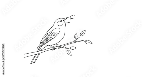 Simple black and white line art drawing of a small songbird perched on a branch singing with its beak open happily.