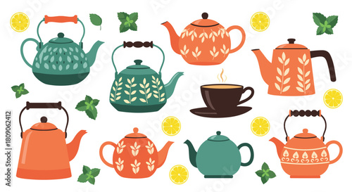 Colorful collection of various teapots kettles and a teacup decorated with patterns lemons and mint leaves for a tea party.