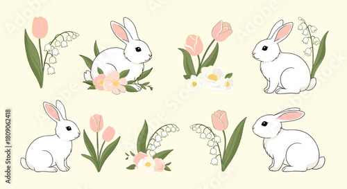 Elegant collection of cute white Easter bunnies with spring flowers like tulips lily of the valley and dogwood blossoms.