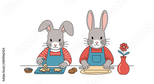 Two adorable rabbit characters wearing aprons bake and decorate star-shaped cookies together in a charming kitchen scene.