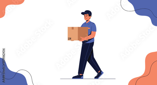 A friendly delivery man in a blue uniform and cap is walking while carrying a cardboard box on an abstract background.