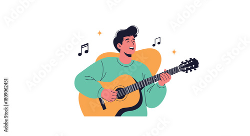 Happy young man sings while playing an acoustic guitar with musical notes floating around him in a joyful flat illustration.
