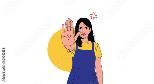 Angry young woman with a frustrated expression makes a stop gesture with her hand to show refusal prohibition or disagreement.