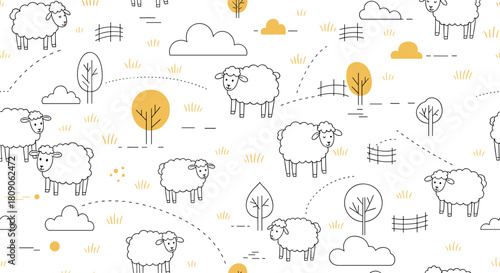 Minimalist seamless line art pattern with cute sheep grazing in a field with trees clouds and fences on a white background.