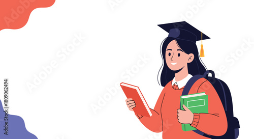 Happy female graduate in a cap and gown holds books and wears a backpack ready for a future of higher education.