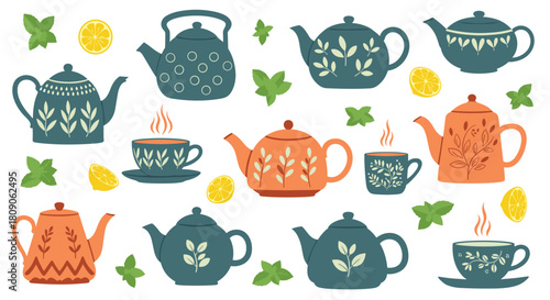 Cozy collection of blue and orange teapots and cups with floral and leaf patterns lemons and mint for a warm beverage set.