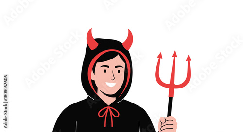 Young man smiling while wearing a black devil costume with a hood red horns and holding a red trident for Halloween.