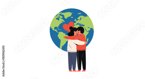 Loving couple with red hearts above them embraces in a warm hug in front of a globe of planet Earth for world hug day.