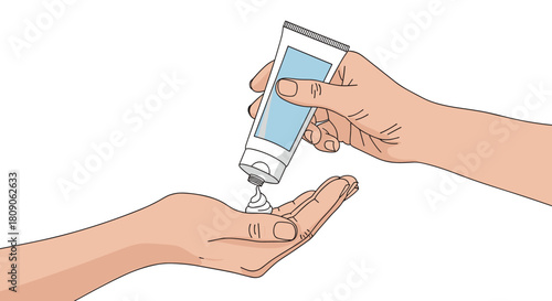 Illustration of a person squeezing cream or lotion from a tube onto the palm of another person's hand for skin care.
