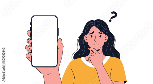 Confused woman holds a smartphone with a blank screen and has a question mark above her head showing doubt or uncertainty.