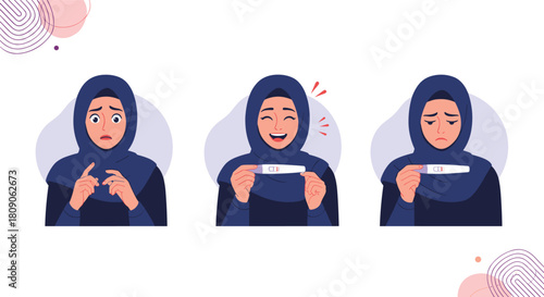 Set of three illustrations showing a muslim woman in a hijab reacting to a pregnancy test with shock joy and sadness.