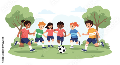 Diverse group of happy children in colorful clothes playing soccer together in a green park with trees in the background.