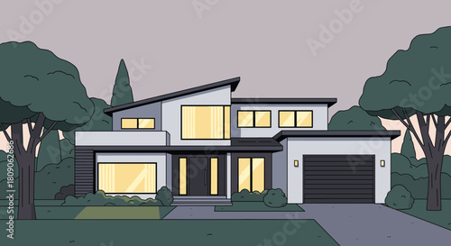 Vector illustration of a modern two-story house with a garage and large windows nestled among trees at dusk or dawn.