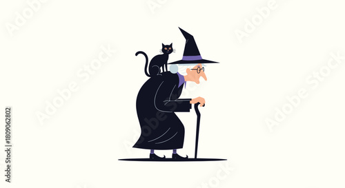 Old cartoon witch in a pointy hat and black cloak walking with a cane and a black cat sitting on her shoulder.